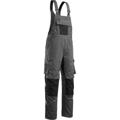Mascot Augsburg tofarvet arbejdsbukse med seler i grå og sort, med praktiske lommer og forstærkede knæ.