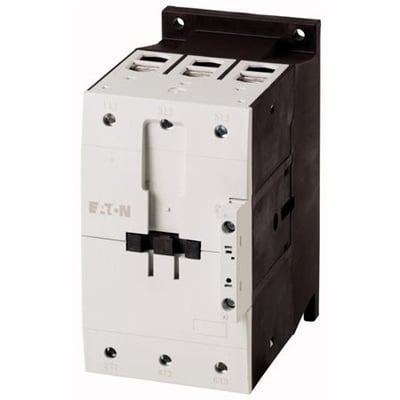 Eaton DILM115-RAC240 3-polet kontaktor med 55kW effekt og RAC 240 spole, viser skrueterminaler på hvid baggrund.