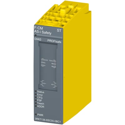 Siemens SIMATIC ET 200SP F-CM AS-I SAFETY ST sikkerhedskommunikationsmodul, med tekst og indikatorer tydeligt synlige på den grå front.