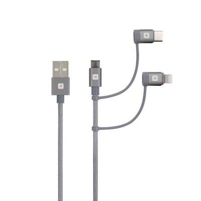 Skross 3-i-1 kabel i grå farve med 120 cm længde, der forbinder USB-A til Micro-B, USB-C og Lightning stik.