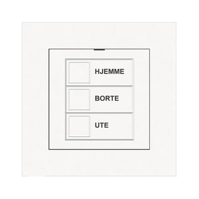 Hvid mTouch sparekontakt med tre knapper mærket "HJEMME", "BORTE" og "UTE" på en neutral baggrund.