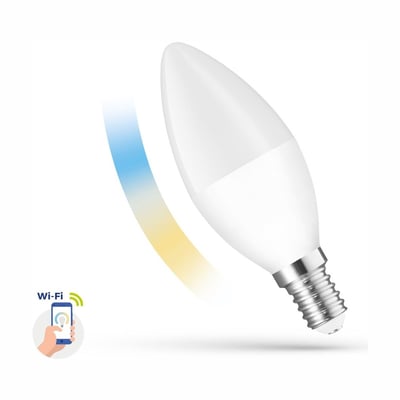 SpectrumLED smart home LED-pære C38 med E14-fatning, vist skråt med Wi-Fi-symbol og farveskift fra varmt til køligt lys.