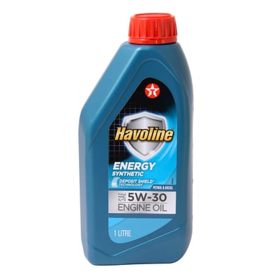 Blå 1 liters flaske med Havoline Energy 5W-30 syntetisk motorolie med rød kapsel, stående på hvid baggrund.
