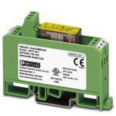 Detaljeret vinkelbillede af Phoenix Contact PSR-SCF-24UC/URM/2X21, der viser monteringsklemmer og mærkning.