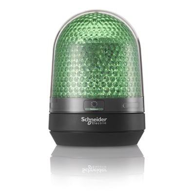 Schneider Electric XVR3 signallampe med grøn LED lys og 12-24VDC, vist frontalt på hvid baggrund med refleksion.