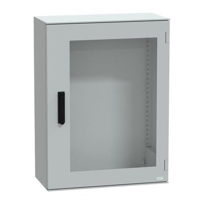 Schneider Electric vægskab 7035, 847x636x300 mm, fremstillet i grå polyester med en glasrude og låsemekanisme.