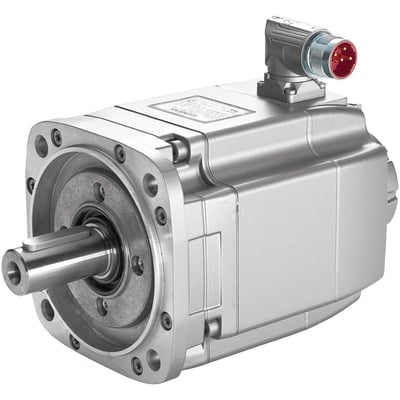 Siemens SIMOTICS S synkronmotor 1FK7-CT i sølvfarvet metal med 2,6KW, 600V, 16NM og 2000RPM. Motoren har flange, aksel og drejeligt strømstik.