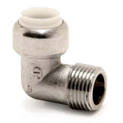 VSH Tectite vinkelnipel i krom med 15 mm diameter og ½" gevind, klar til installation.