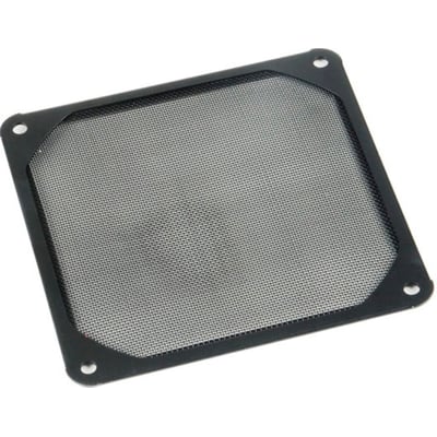 Sort AKASA-blæserfilter GRM120-AL01-BK i aluminium med finmasket flade og monteringshuller i hjørnerne.