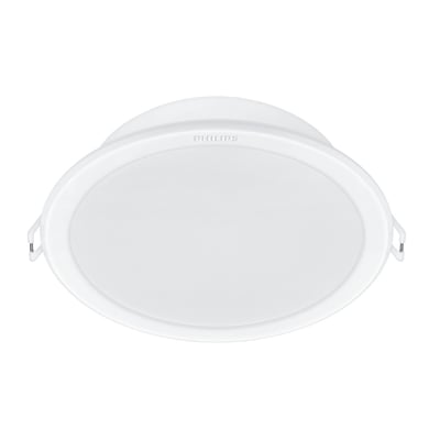 Hvidt Philips Lighting Meson 080 indbygningsspot, model 59444, set forfra med rund lysflade og monteringsclips.