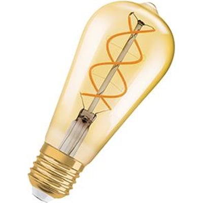 Nærbillede af Osram Ledvance 1906 Edison LED-pære, viser det gyldne glas og spiralformede filament.