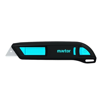 Martor Secunorm 300 sikkerhedskniv med trapez blad nr. 65232, fremstillet af sort glasfiberforstærket plast med blå detaljer.