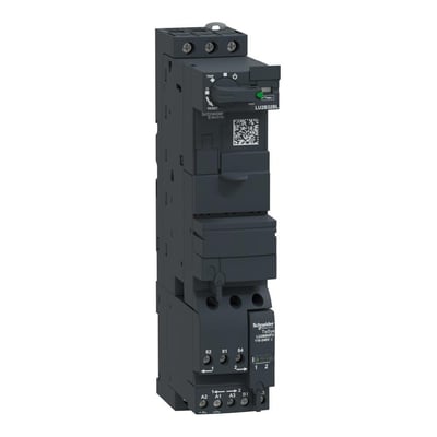 Schneider Electric TeSys Model U motorstarter med reverseringsblok, vist fra siden med alle moduler forbundet uden interne ledninger.