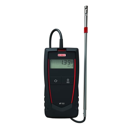 Kimo VT50 varmetrådsanemometer med tydelig display, der viser 1.39 m/s, klar til måling af lufthastighed og temperatur.
