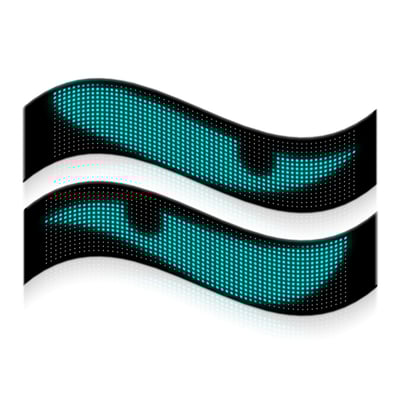 To pixel matrix paneler der viser et blåt flamme-lignende mønster, bøjet over en reflekterende overflade.