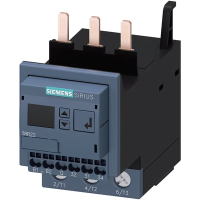 Siemens Sirius S2 overvågningsrelæ med 24V UC forsyning og fjederterminaler, model 3RR22, viser digitale indstillingsknapper og display.