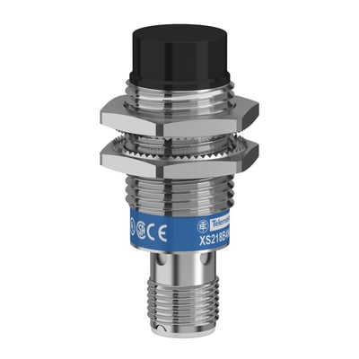 Schneider Electric induktiv sensor XS2 M18 med 16 mm tasteafstand, PNP NO udgang og M12 stik, med monteringsmøtrikker og sort top.