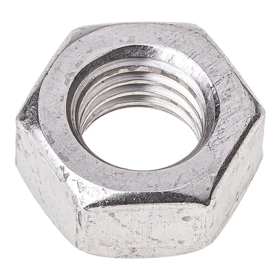 Enkel metal M5 sekskantmøtrik i A4 rustfrit stål, DIN 934 standard, med synlige gevind på en hvid baggrund.