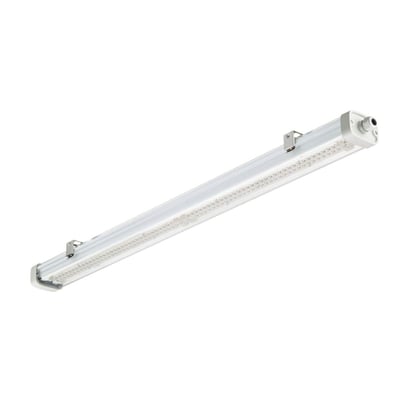 Pacific Industriarmatur WT475C, et 1200mm langt LED-armatur i hvid polycarbonat med synlige LED'er og monteringsbeslag.