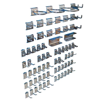 Komplet sæt af 69 stykker Maskinfabrikken Universal kroge og ophæng til hulplader, fremstillet af blank metal på hvid baggrund.