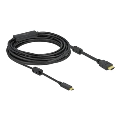 Delock aktivt 7 meter langt USB-C til HDMI-kabel i sort, rullet sammen med begge stik og elektronikdelen synlige.