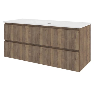 Sanibell Proline møbelsæt i terra eg med 2 grebsfrie softclose skuffer og hvid porcelænsvask, bredde 121 cm.