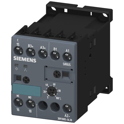 Siemens 3RP20 multifunktionstidsrelæ med 1 CO-kontakt, 24V AC/DC, 8 funktioner og justerbar tid fra 0,05s til 100 timer.