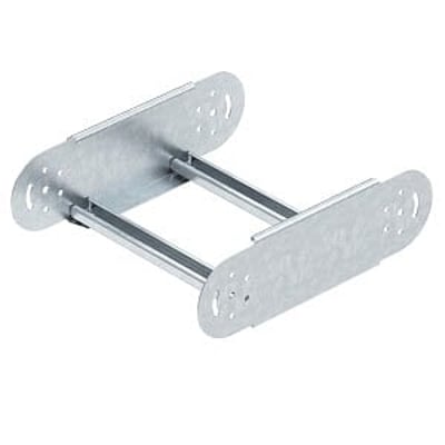 Vinkelfoto af OBO Bettermann ledbøjning til kabelstige, viser dens 200mm brede og 110mm høje varmgalvaniserede stålkonstruktion.