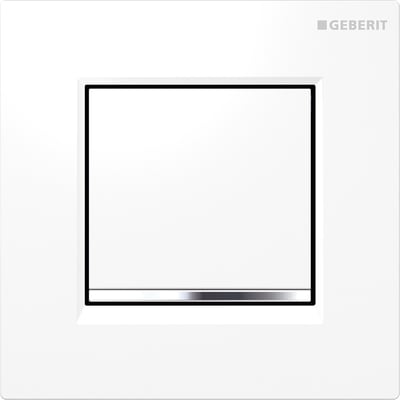 Geberit Sigma 30 urinalstyring til pneumatisk skyl med hvid front, sort kant og blankforkromet betjeningsstribe nederst.