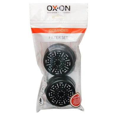 Emballage med to Boisen Safety Comfort A2P3 RD kombifiltre, angivet som 2 stk. i pose, klar til brug.