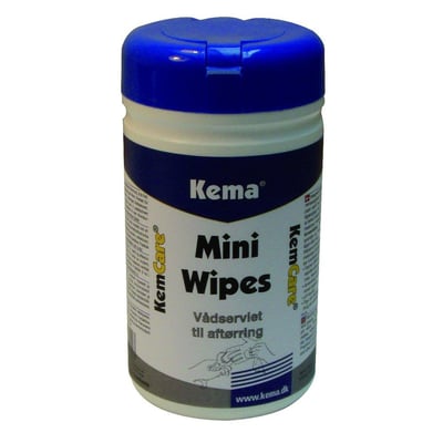 Kema Mini Wipes spand med 40 stk. vådservietter til aftørring, vist med blå og hvid etiket.