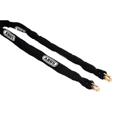 Nærbillede af Abus sikkerhedskæde, 8 mm tykke 4-kantede led beklædt med sort lærred.