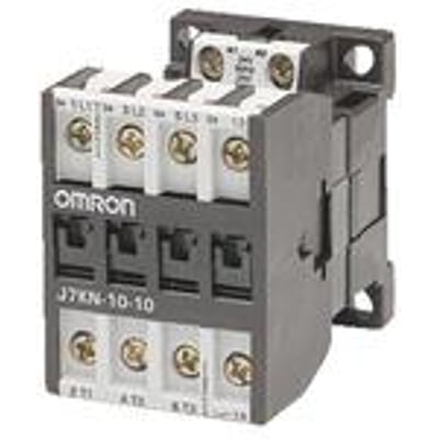 Omron J7KN-10D-01 3-polet contactor med 230 VAC spole og 1B hjælpekontakt, vist på en neutral baggrund.
