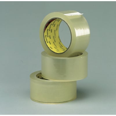 Tre ruller klar Scotch emballagetape 309 stablet, bredde 50 mm og længde 66 m, god til lette kasser.