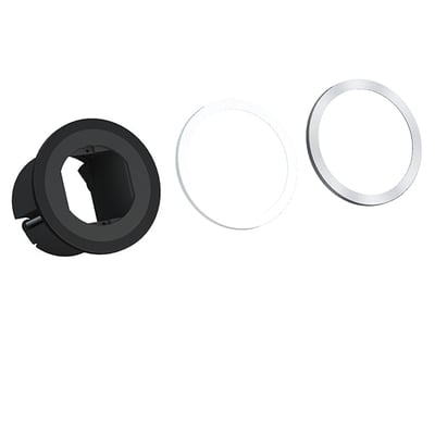 Bachmann PIX kundemodul til AV/IT systemer, vist med en sort monteringsring, en hvid ring og en sølvfarvet yderring.