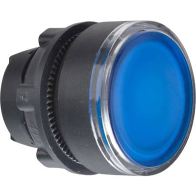 Schneider Electric ZB5AW363 lampetrykshoved i blå, plan med LED teknologi og 22mm diameter, vist fra siden.