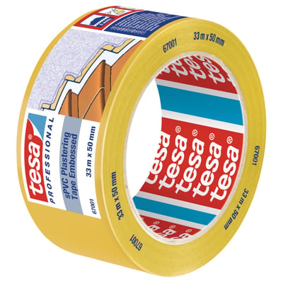 Gul Tesa 67001 udendørs afdækningstape på rulle med emballage, 50 mm bred og 33 meter lang.