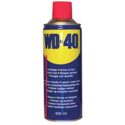 WD-40 multifunktionsolie på 400 ml i blå og gul spraydåse med rød hætte, vist forfra.