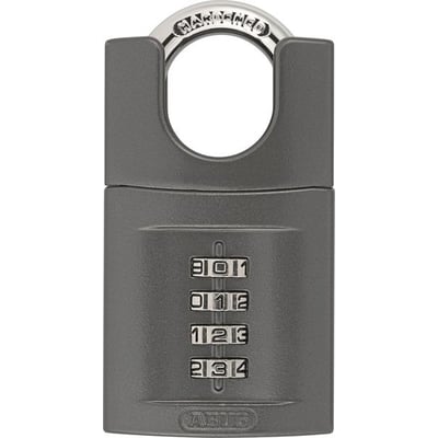 Grå ABUS-hængelås model 158CS/50 set forfra med bøjle og fire rækker tal på kombinationslåsen.