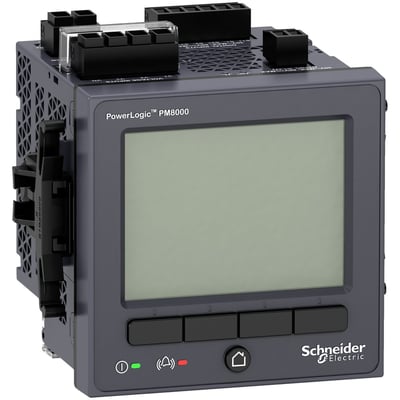 Schneider Electric PowerLogic PM8210 multimeter med display til tavlefront i mørkegrå plast, vist med knapper og logo foran.