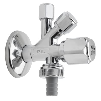 Nil stopventil med tre tilslutninger: 1/2" til væggen, 3/4" og 3/8" udløb med grå slangeprop.