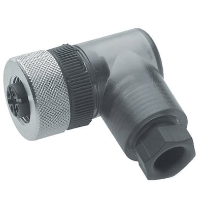 Belden kabeldåse ELWIKA 4012 PG9 er 4-polet med M12 hun stik, har en sort plastikkrop og kromfatning, vinklet design.