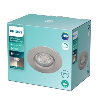 Pakke med Philips Lighting Dive indbygningsspot i mat krom, viser produktets emballage med information om IP65 og dæmpbar funktion.