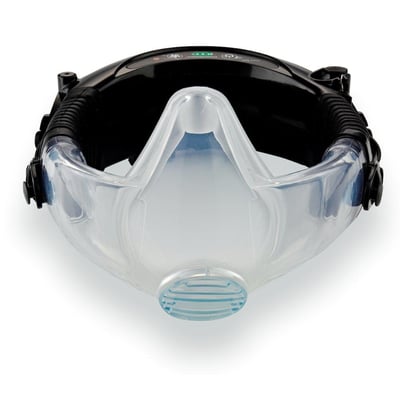 CleanSpace Technology CleanSpace2-motorenhed til åndedrætsværn, set forfra med sort enhed og klar maske monteret.