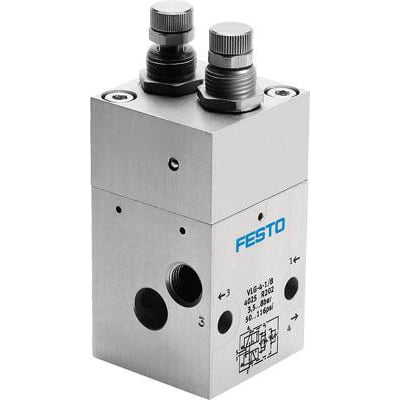 Festo justerbar pulse oscillator VLG-4-1/4 med pneumatiske tilslutninger og kontrolknapper, vist på en hvid baggrund.