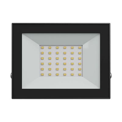 SpectrumLEDs sorte 30 W IP65-projektør set lige forfra med LED-elementerne synlige bag frontglasset.