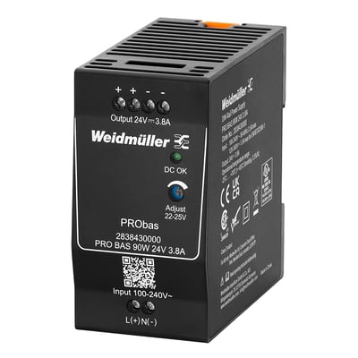 Frontvisning af Weidmüller PRO BAS 90W strømforsyning, der viser output på 24V 3.8A, DC OK-indikator og justeringsmuligheder.