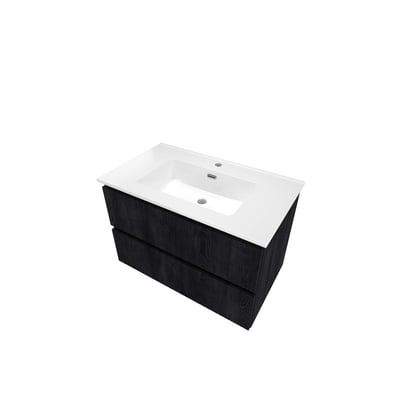 Sanibell Proline møbelsæt i kul eg med 2 grebsfrie softclose skuffer og hvid porcelænsvask. Sættet måler 81x46 cm og har integrerede greb.