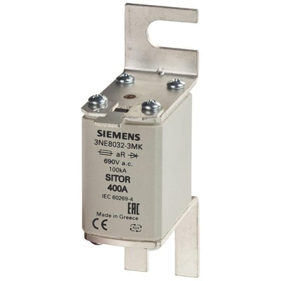 Siemens SITOR sikring 3NE8032-3MK, 100A, NH00, gR bolt-on, 690V a.c., 100kA, fremstillet i Grækenland med CE og EAC mærkning.
