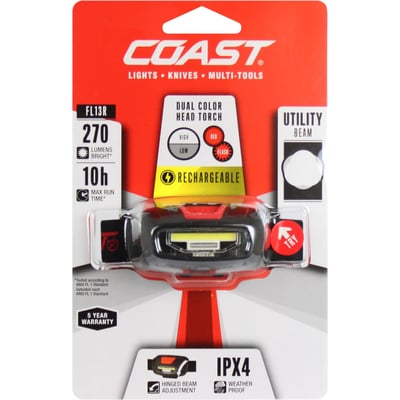 Coast FL13R genopladelig pandelampe i original emballage, der viser funktioner og specifikationer som lumen og IPX4.